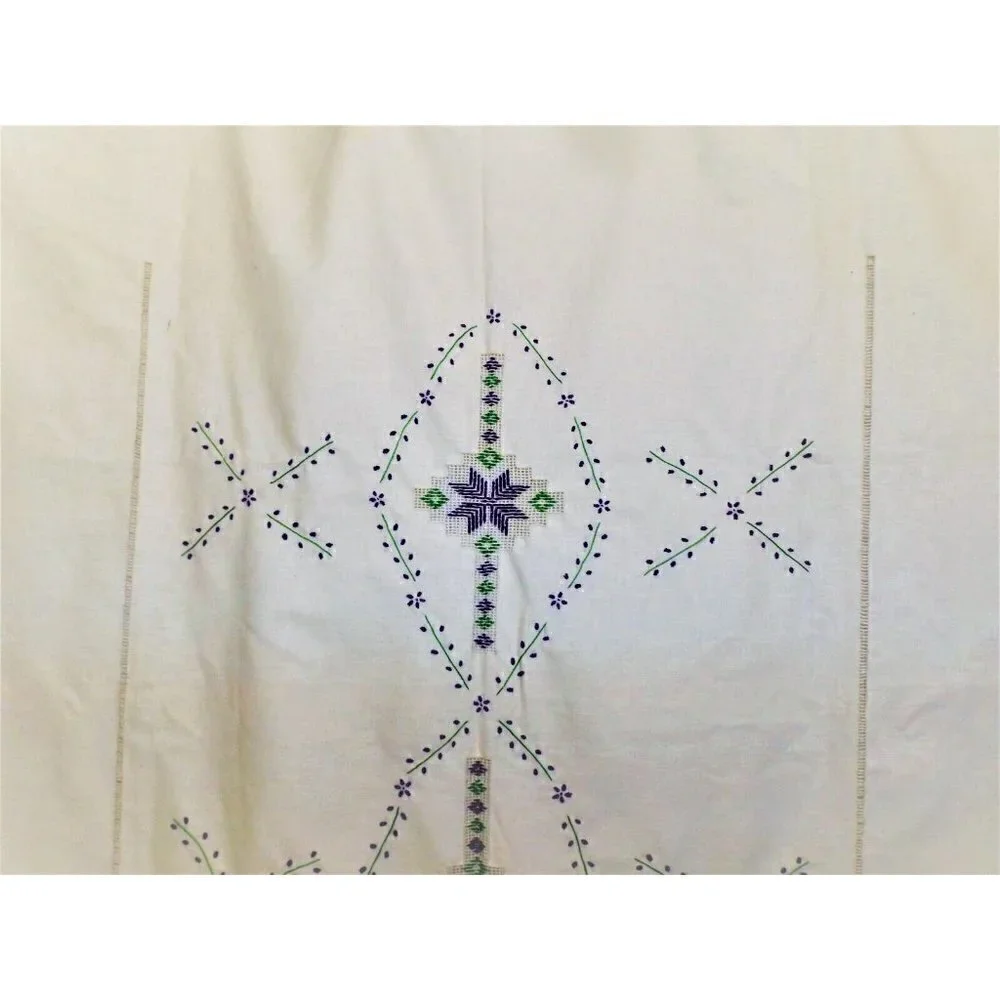 Vintage Embroidered 52 X 68 Beige Linen Tablecloth Purple and Green Design